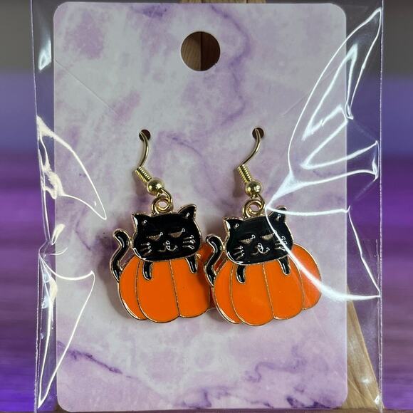 Grumpy Black Cat Pumpkin Earrings Halloween Festive Spooky Gold Handmade Kitty - Picture 1 of 1